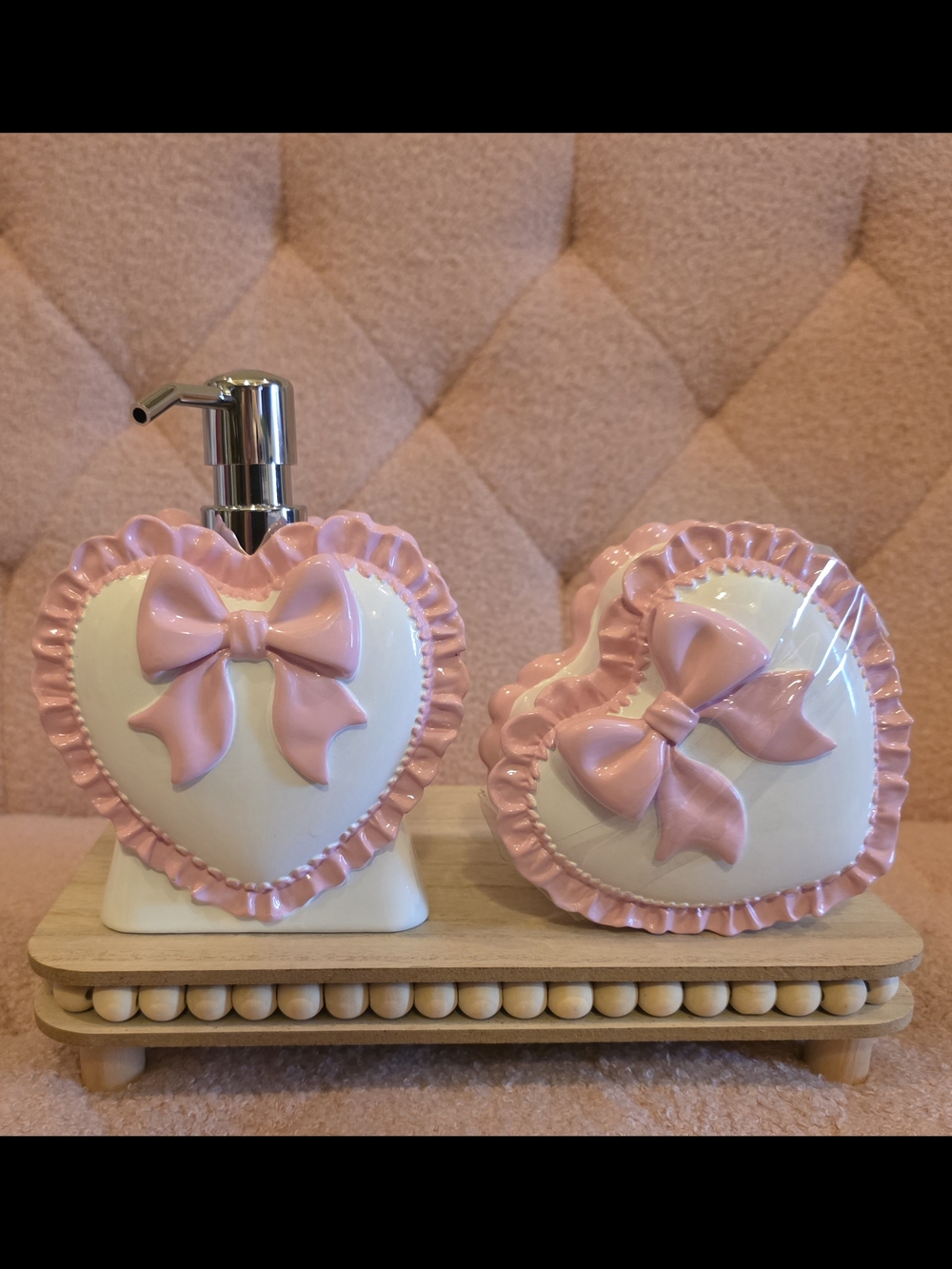 Pink Heart Bow Ceramic Soap Dispenser & Heart Dish With Lid Set
